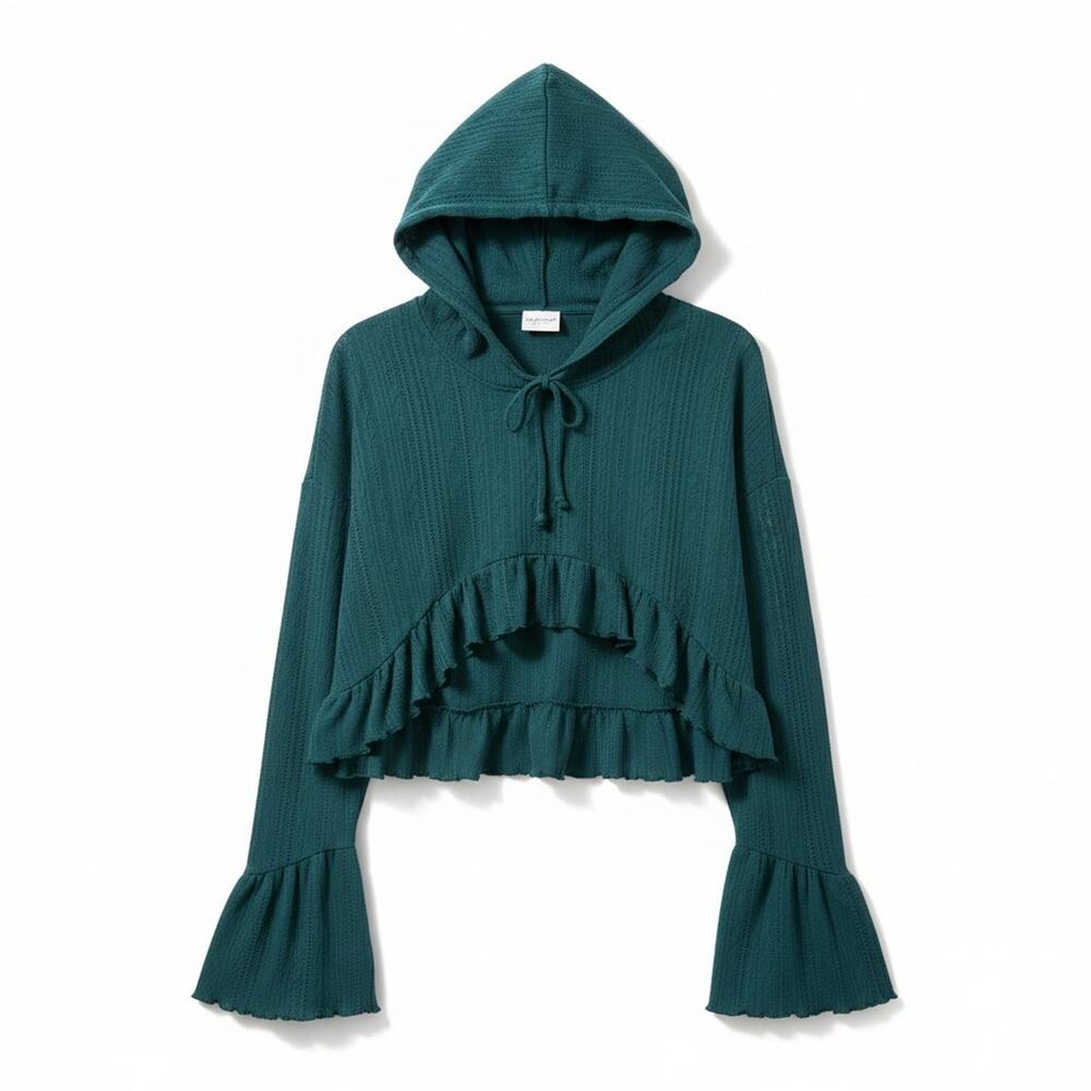 Urban Outfitters Out From Under Teal Medium Knit Hooded Crop Bell Sleeve Top